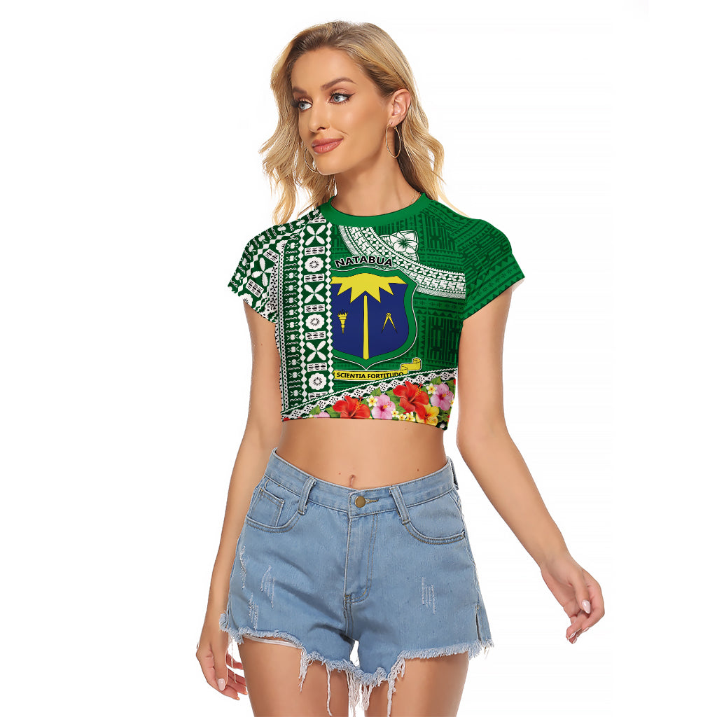 Fiji Natabua High School Raglan Cropped T Shirt Tropical Flower and Tapa Pattern Green Style LT03 Female Green - Polynesian Pride
