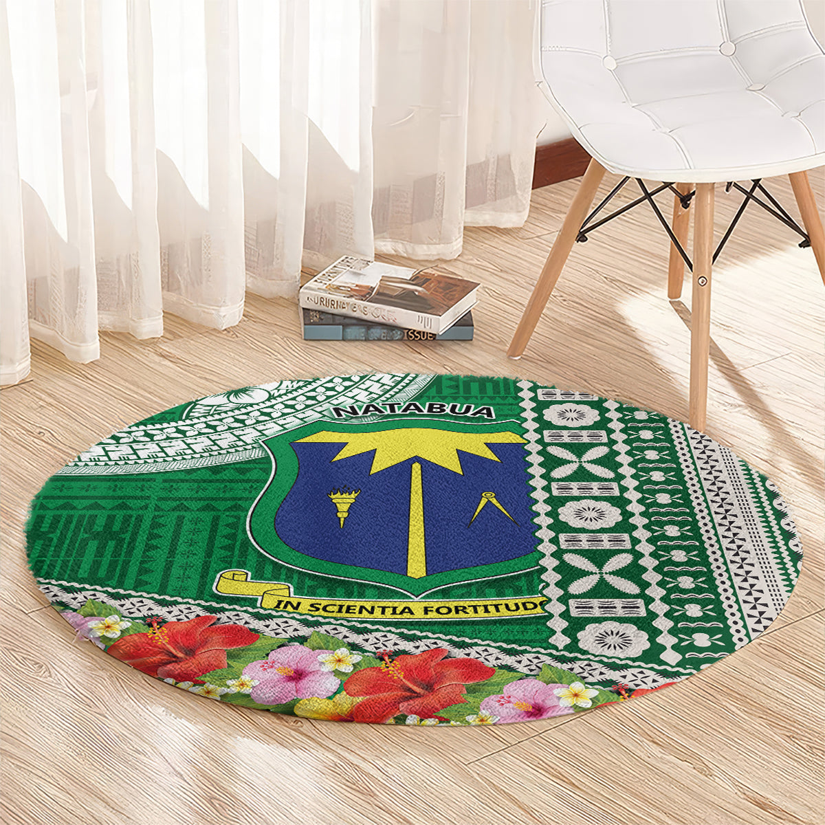 Fiji Natabua High School Round Carpet Tropical Flower and Tapa Pattern Green Style LT03 - Polynesian Pride