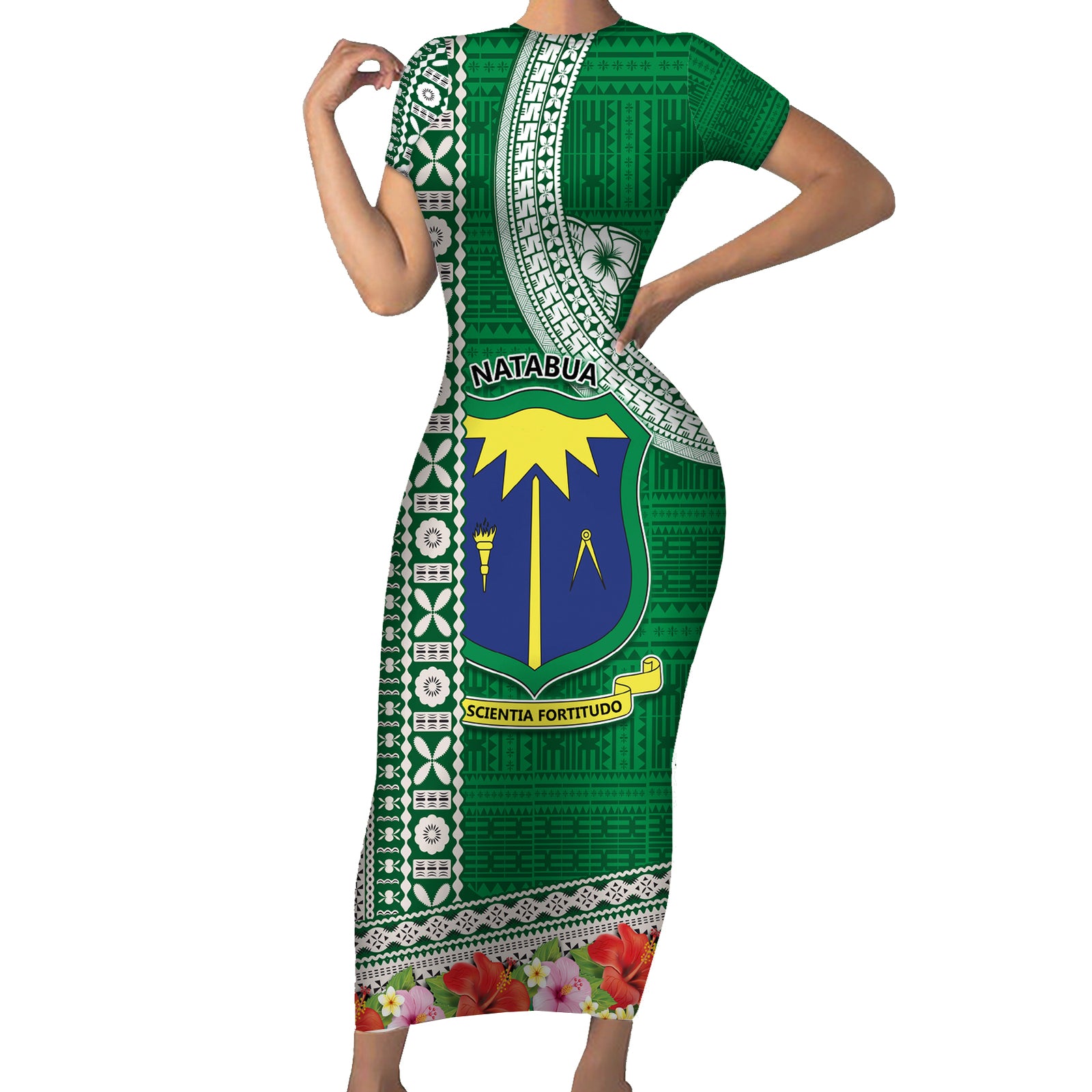 Fiji Natabua High School Short Sleeve Bodycon Dress Tropical Flower and Tapa Pattern Green Style LT03 Long Dress Green - Polynesian Pride
