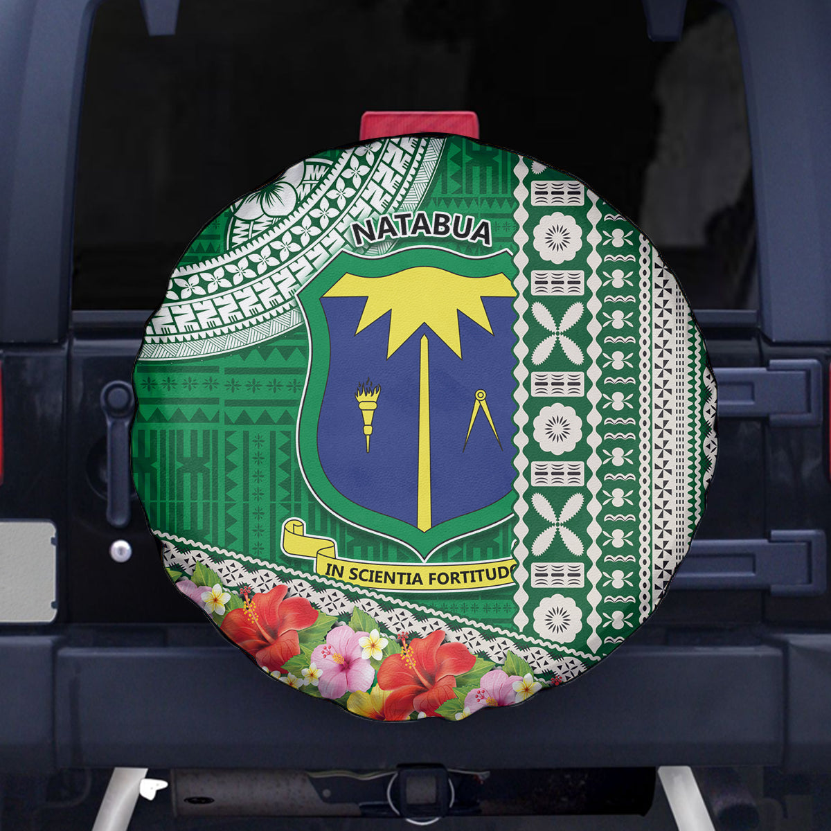 Fiji Natabua High School Spare Tire Cover Tropical Flower and Tapa Pattern Green Style LT03 Green - Polynesian Pride