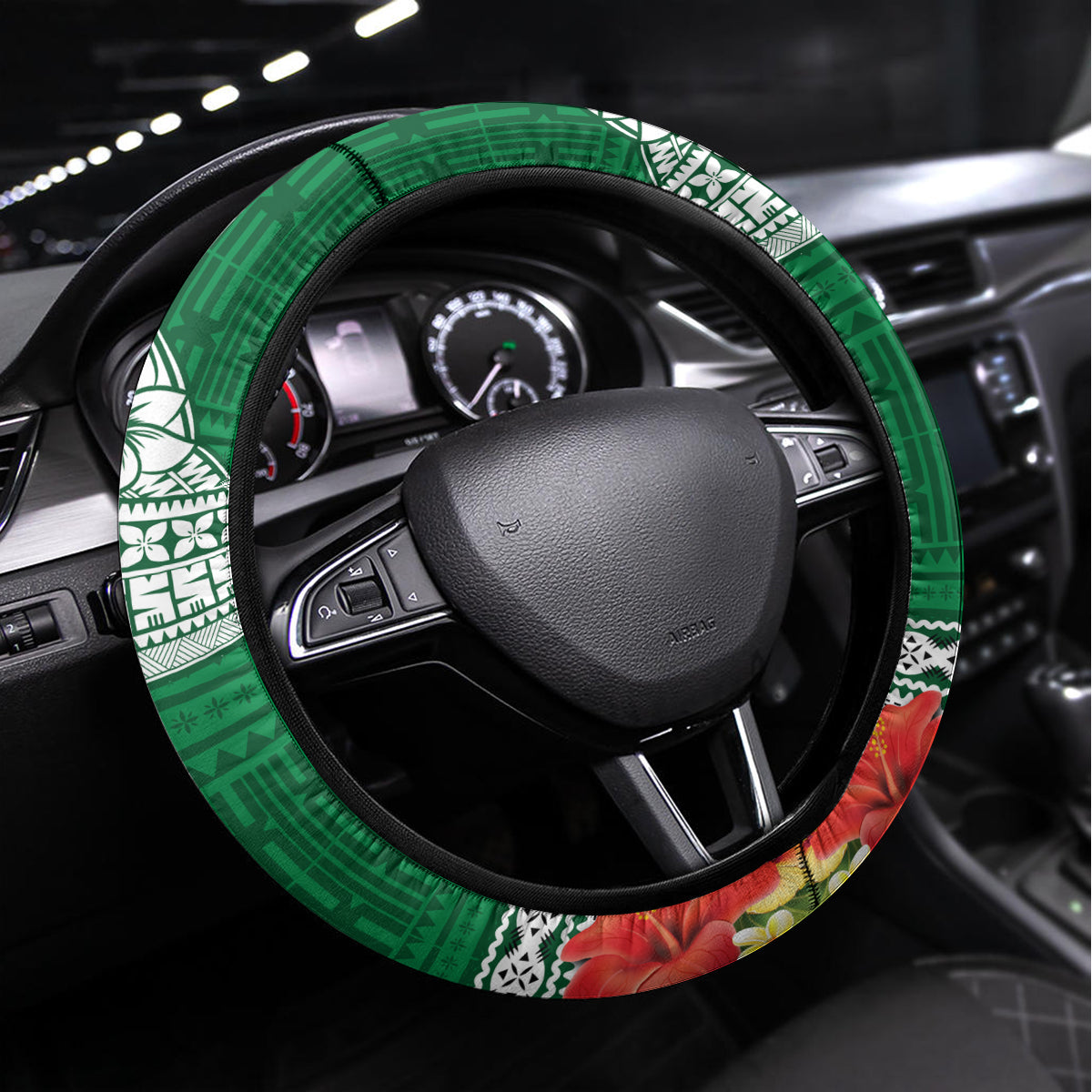 Fiji Natabua High School Steering Wheel Cover Tropical Flower and Tapa Pattern Green Style LT03 Universal Fit Green - Polynesian Pride