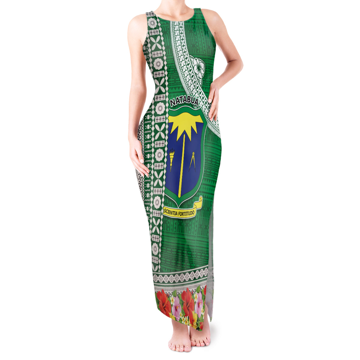 Fiji Natabua High School Tank Maxi Dress Tropical Flower and Tapa Pattern Green Style LT03 Women Green - Polynesian Pride