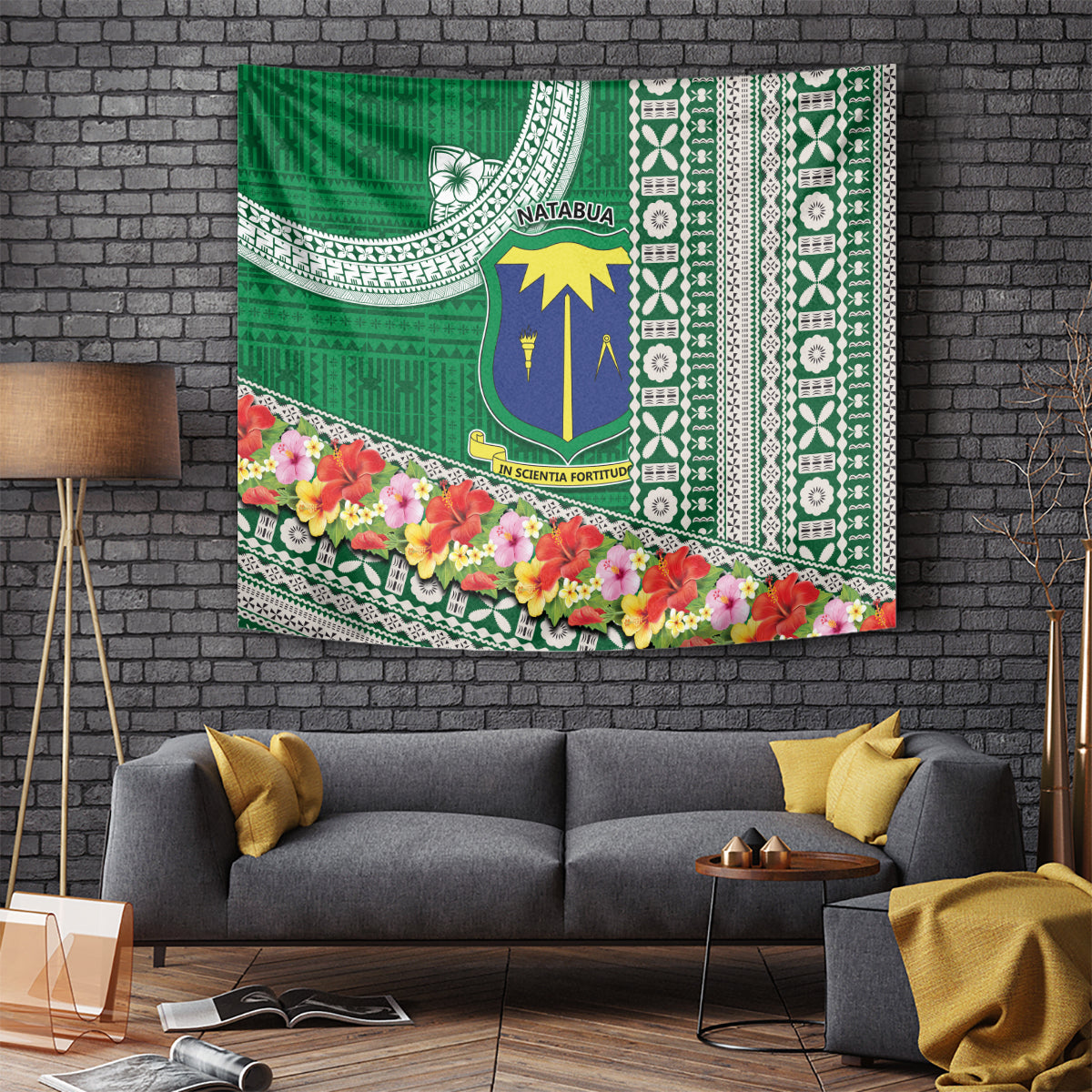 Fiji Natabua High School Tapestry Tropical Flower and Tapa Pattern Green Style LT03 Green - Polynesian Pride