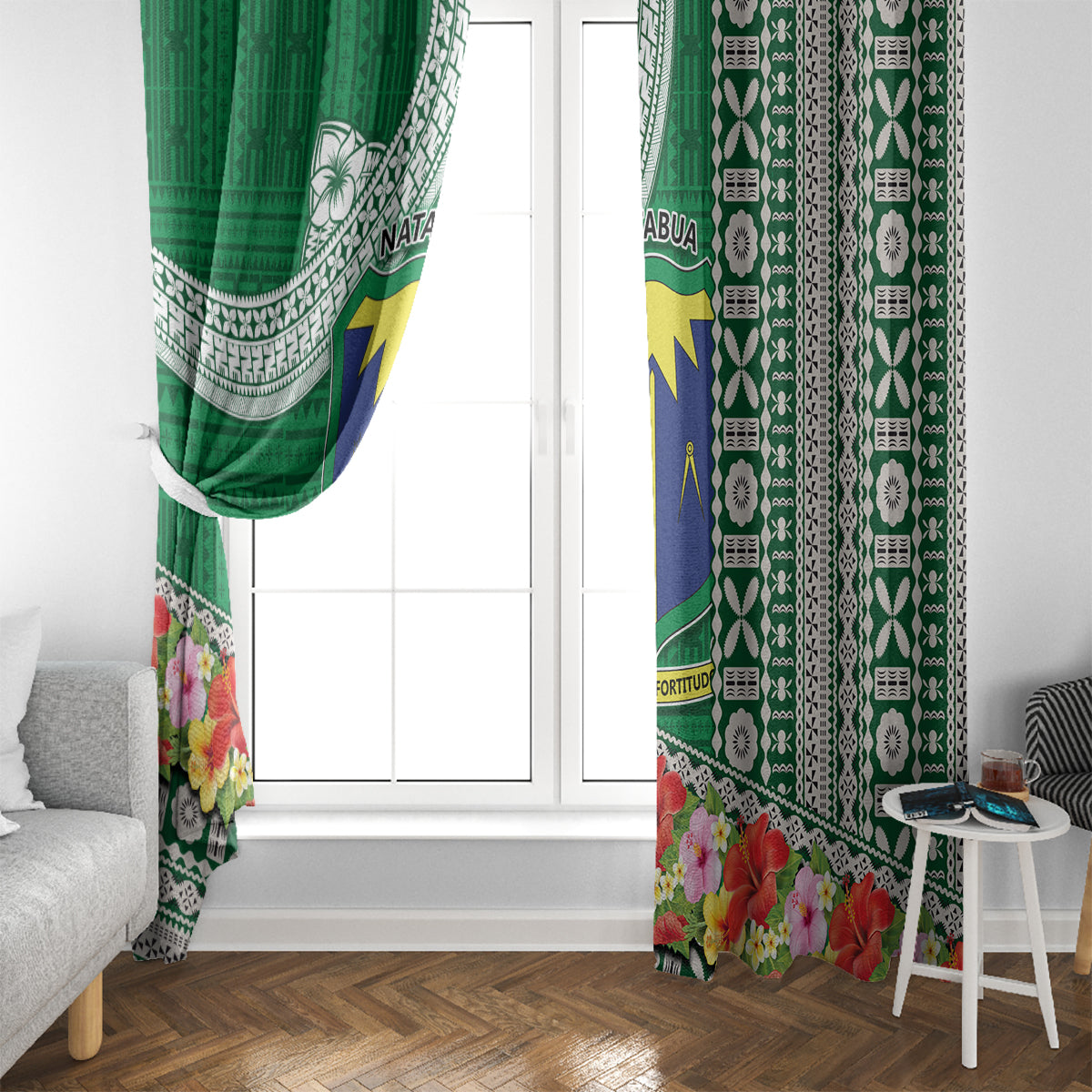 Fiji Natabua High School Window Curtain Tropical Flower and Tapa Pattern Green Style LT03 - Polynesian Pride