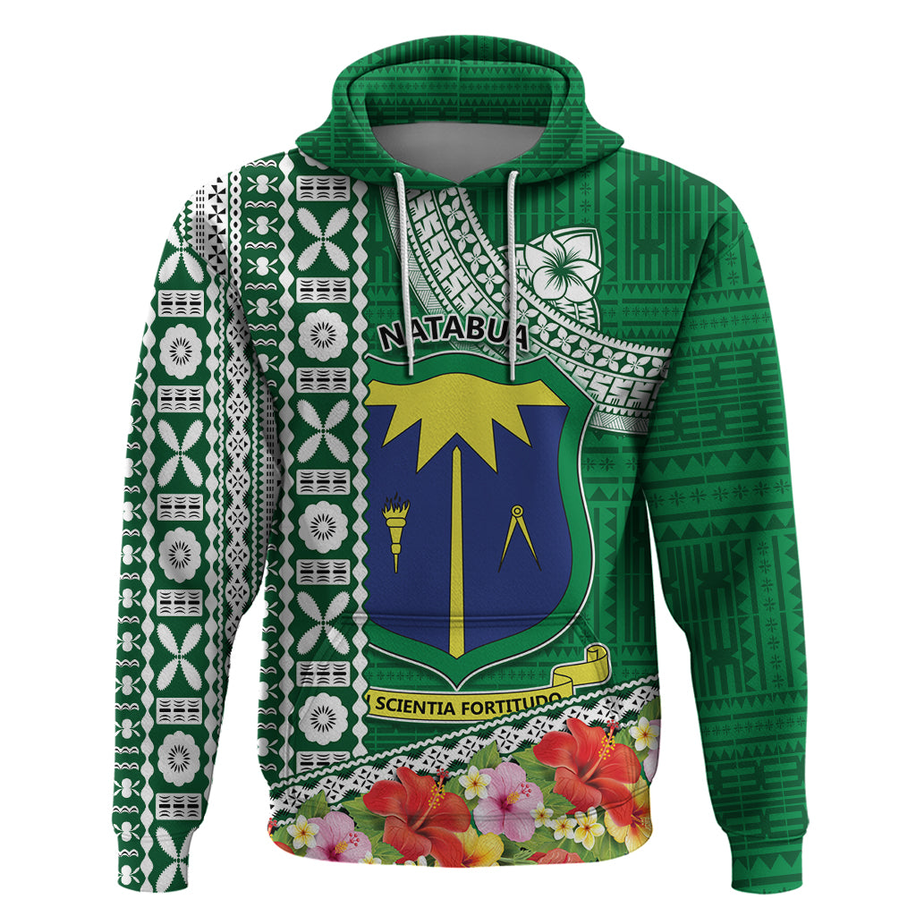 Fiji Natabua High School Zip Hoodie Tropical Flower and Tapa Pattern Green Style LT03 Pullover Hoodie Green - Polynesian Pride