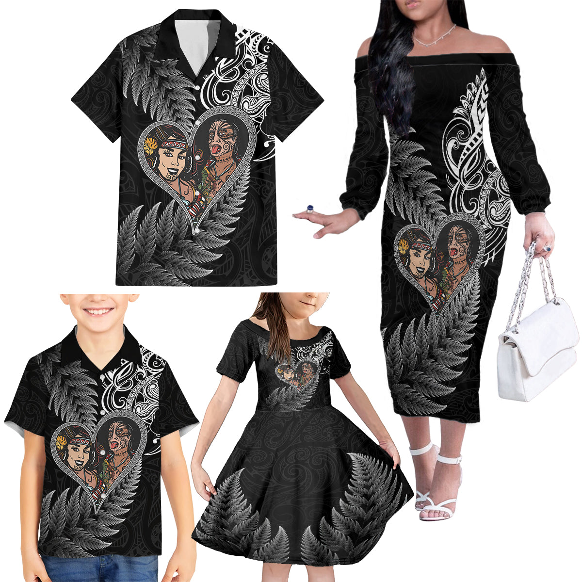 New Zealand Valentine Day Family Matching Off Shoulder Long Sleeve Dress and Hawaiian Shirt Aotearoa Warrior and Woman Love Heart Silver Fern Koru LT03 - Polynesian Pride