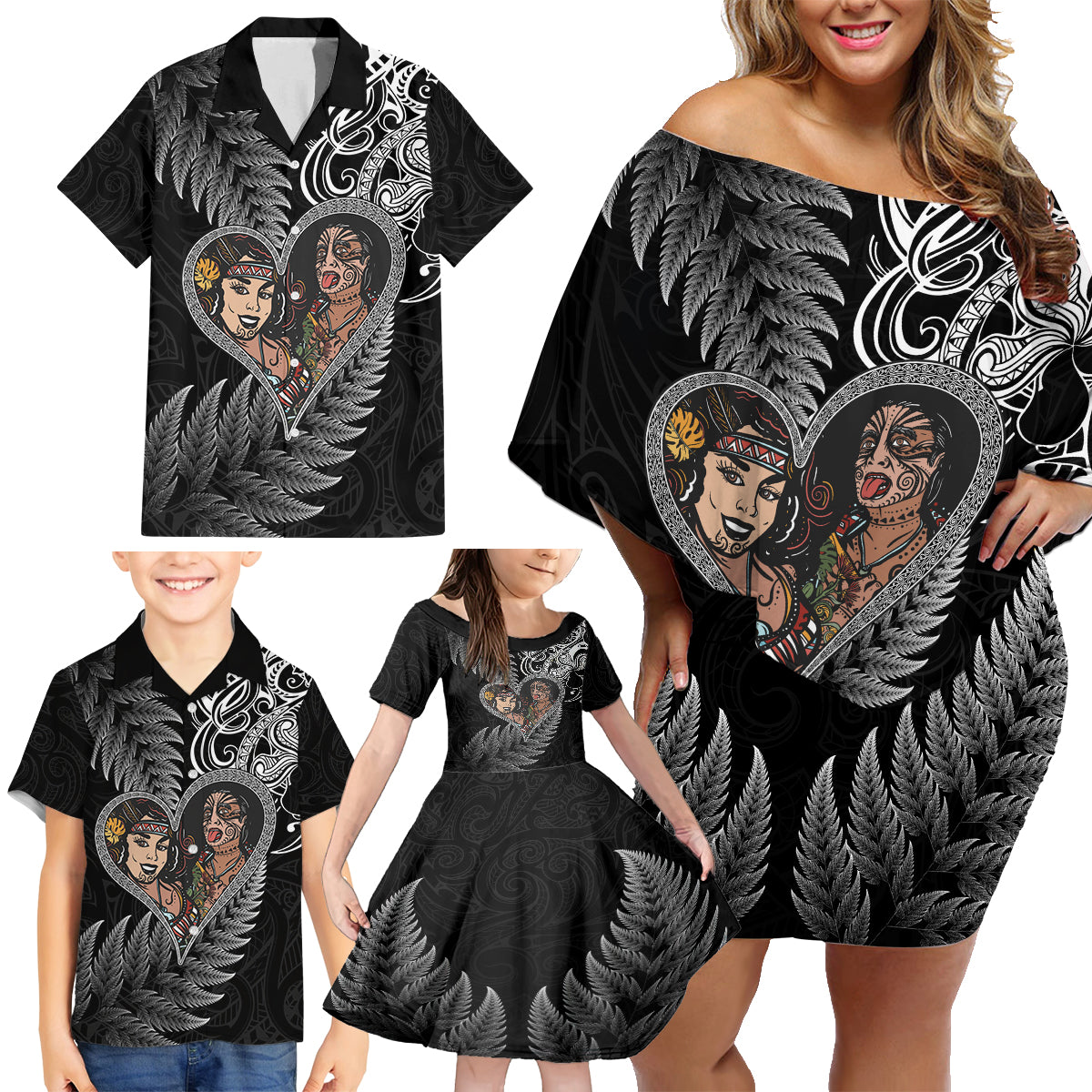 New Zealand Valentine Day Family Matching Off Shoulder Short Dress and Hawaiian Shirt Aotearoa Warrior and Woman Love Heart Silver Fern Koru LT03 - Polynesian Pride