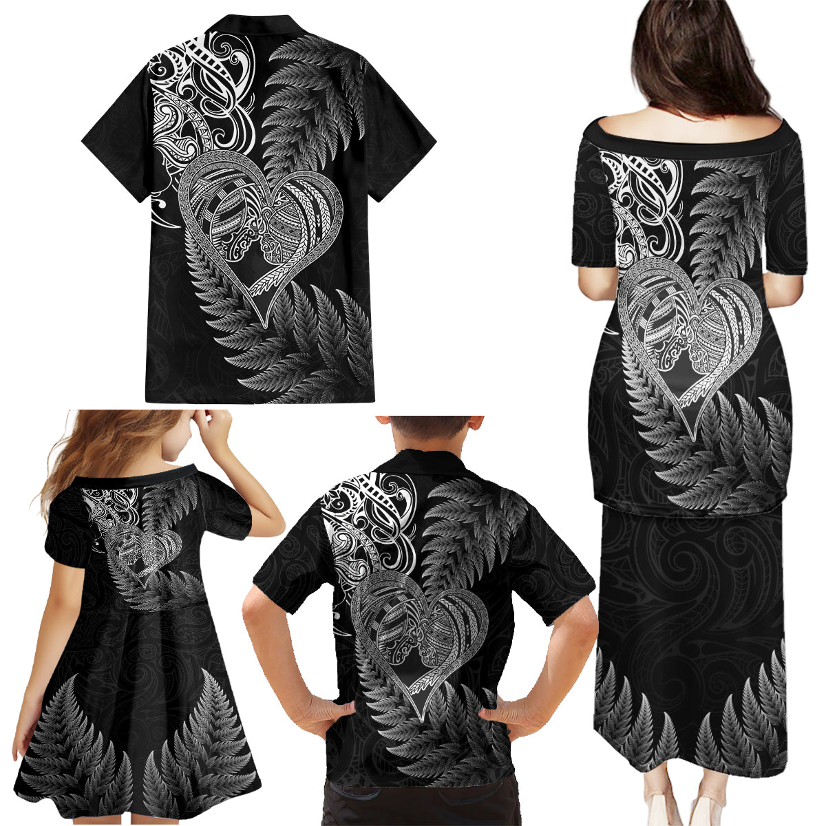 New Zealand Valentine Day Family Matching Puletasi and Hawaiian Shirt Aotearoa Warrior and Woman Love Heart Silver Fern Koru LT03 - Polynesian Pride