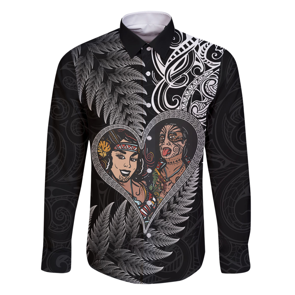 New Zealand Valentine Day Family Matching Short Sleeve Bodycon Dress and Hawaiian Shirt Aotearoa Warrior and Woman Love Heart Silver Fern Koru LT03 Dad's Shirt - Long Sleeve Black - Polynesian Pride