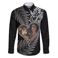 New Zealand Valentine Day Family Matching Short Sleeve Bodycon Dress and Hawaiian Shirt Aotearoa Warrior and Woman Love Heart Silver Fern Koru LT03 Dad's Shirt - Long Sleeve Black - Polynesian Pride