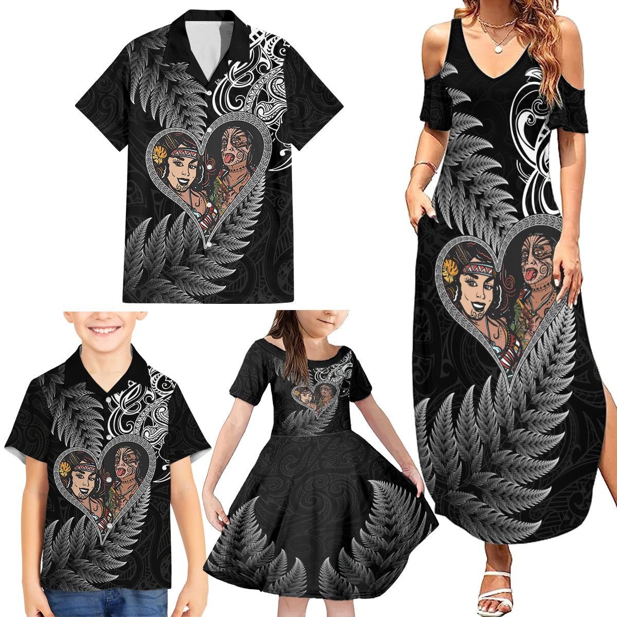 New Zealand Valentine Day Family Matching Summer Maxi Dress and Hawaiian Shirt Aotearoa Warrior and Woman Love Heart Silver Fern Koru LT03 - Polynesian Pride