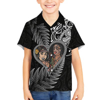New Zealand Valentine Day Family Matching Summer Maxi Dress and Hawaiian Shirt Aotearoa Warrior and Woman Love Heart Silver Fern Koru LT03 Son's Shirt Black - Polynesian Pride