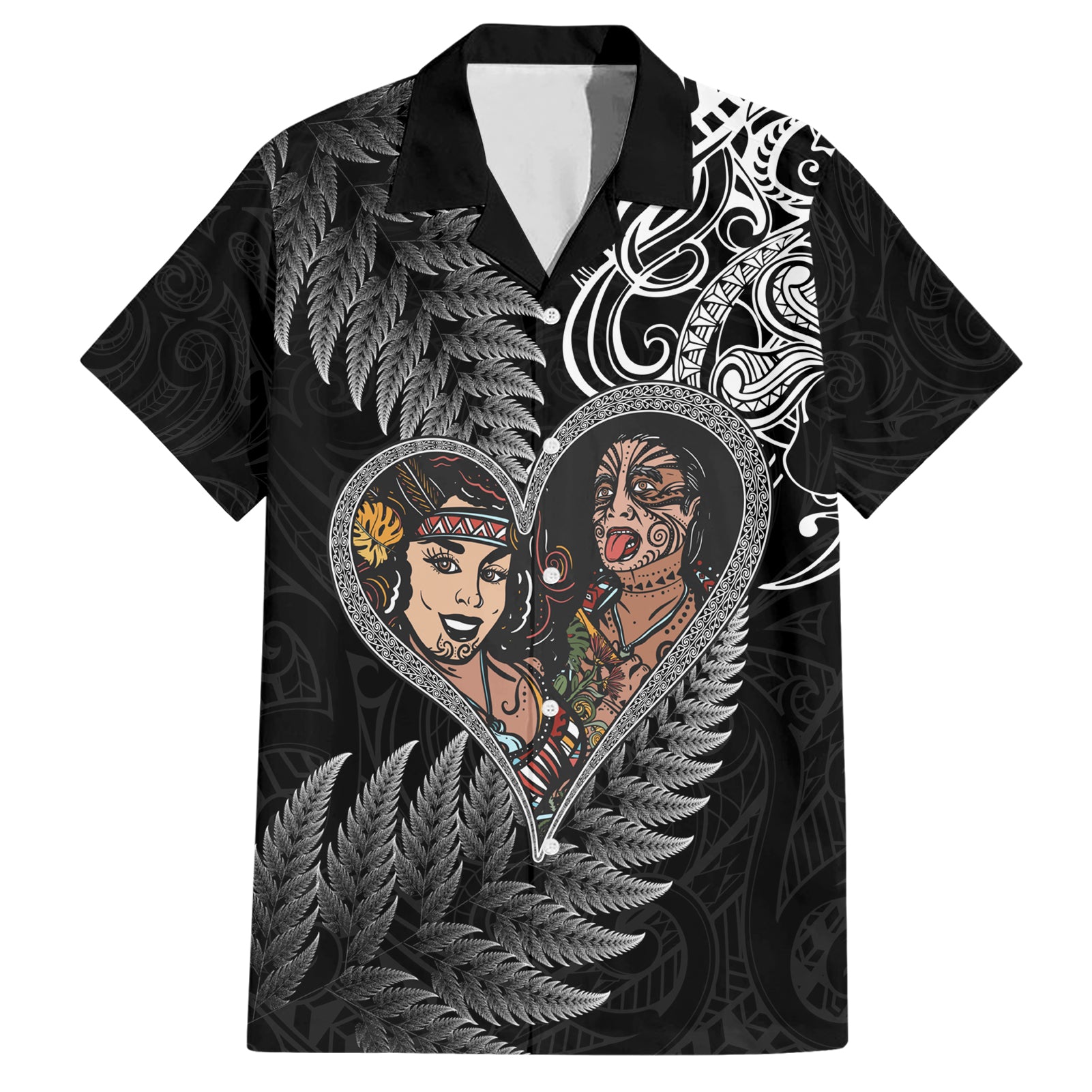 New Zealand Valentine Day Hawaiian Shirt Aotearoa Warrior and Woman Love Heart Silver Fern Koru LT03 Black - Polynesian Pride