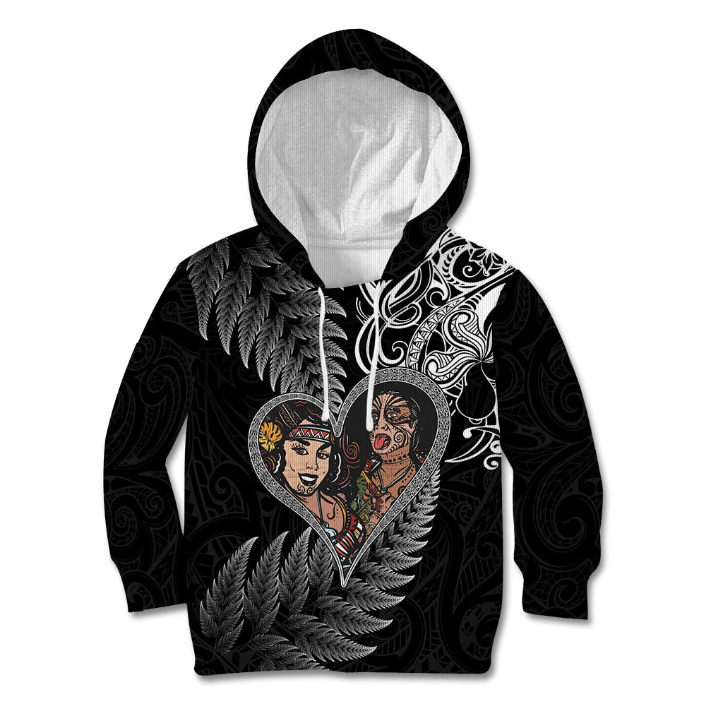 New Zealand Valentine Day Kid Hoodie Aotearoa Warrior and Woman Love Heart Silver Fern Koru LT03 Hoodie Black - Polynesian Pride