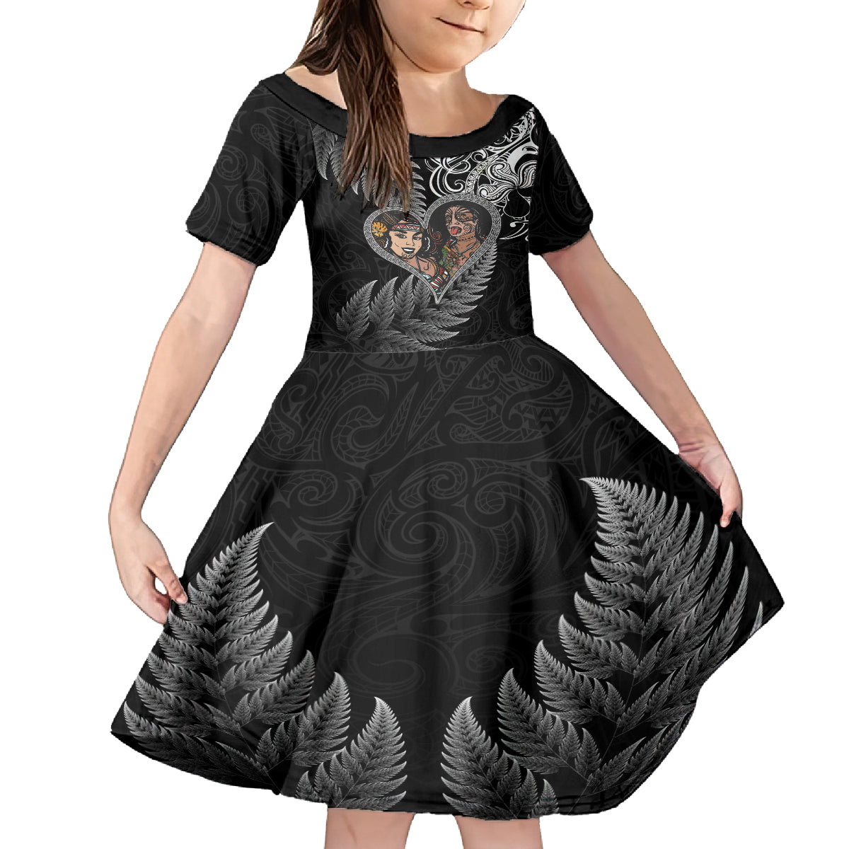 New Zealand Valentine Day Kid Short Sleeve Dress Aotearoa Warrior and Woman Love Heart Silver Fern Koru LT03 KID Black - Polynesian Pride