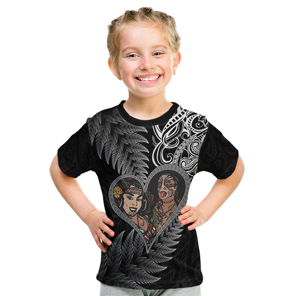 New Zealand Valentine Day Kid T Shirt Aotearoa Warrior and Woman Love Heart Silver Fern Koru LT03 Black - Polynesian Pride