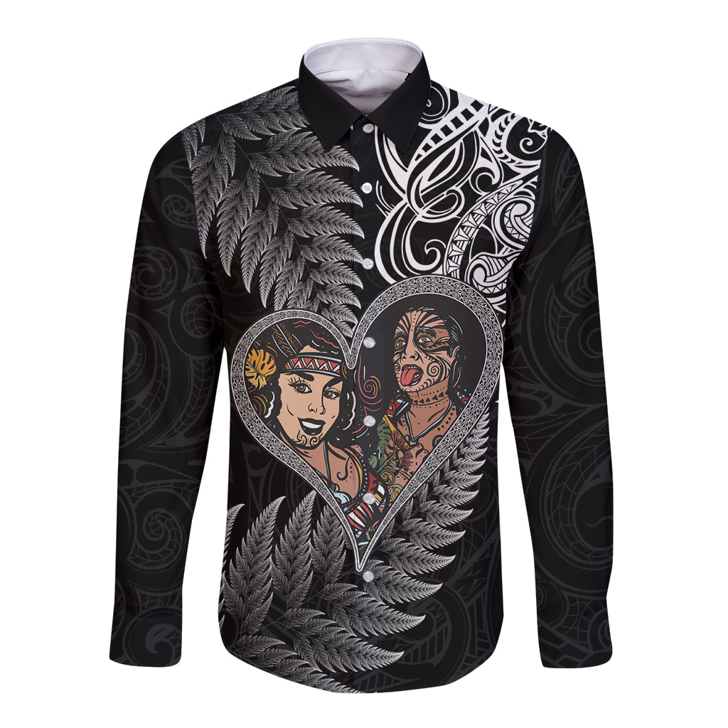 New Zealand Valentine Day Long Sleeve Button Shirt Aotearoa Warrior and Woman Love Heart Silver Fern Koru LT03 Unisex Black - Polynesian Pride