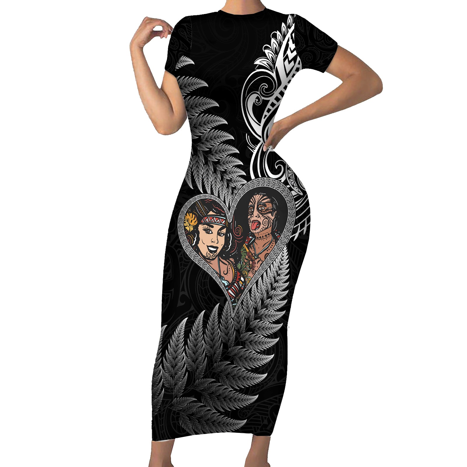 New Zealand Valentine Day Short Sleeve Bodycon Dress Aotearoa Warrior and Woman Love Heart Silver Fern Koru LT03 Long Dress Black - Polynesian Pride