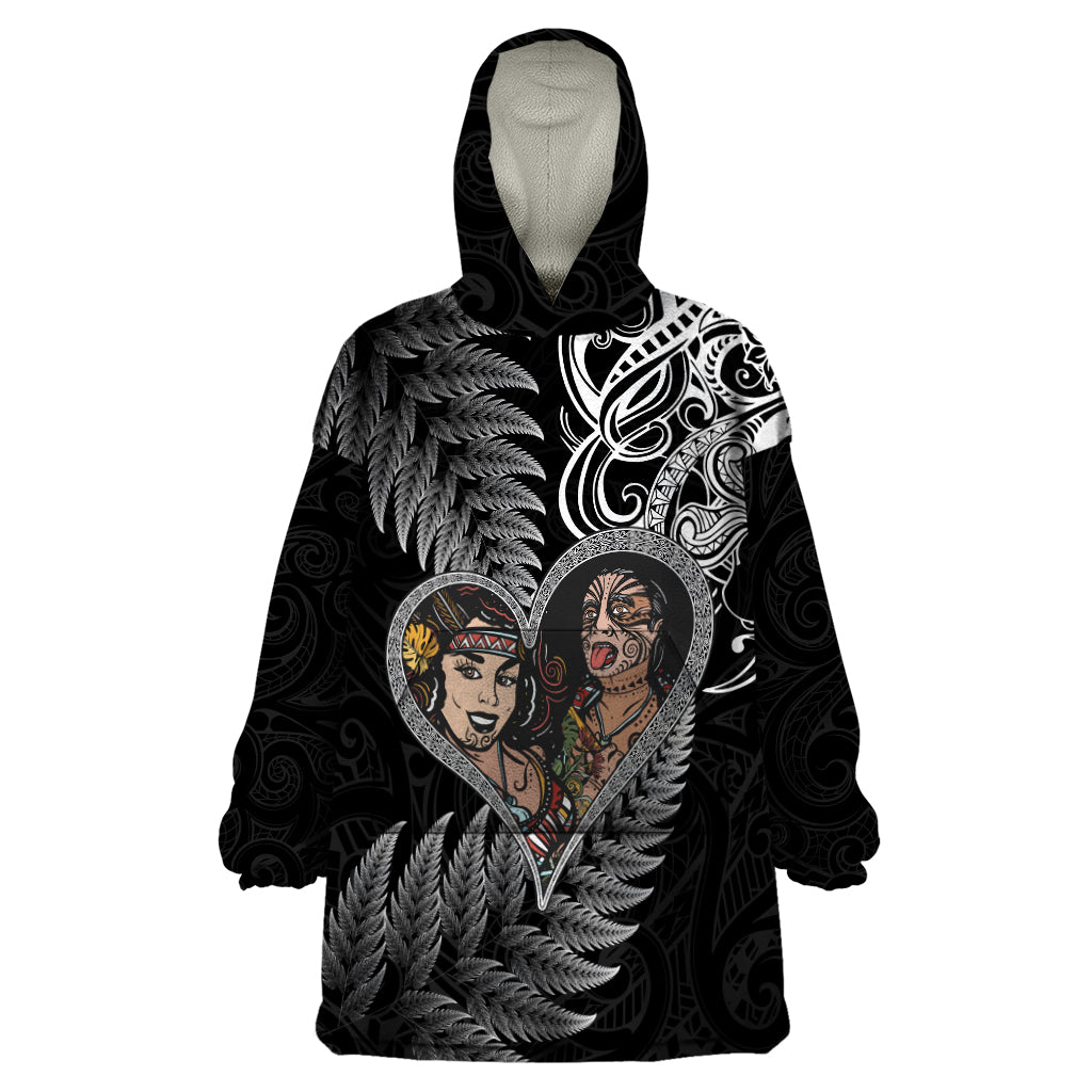 New Zealand Valentine Day Wearable Blanket Hoodie Aotearoa Warrior and Woman Love Heart Silver Fern Koru LT03 One Size Black - Polynesian Pride