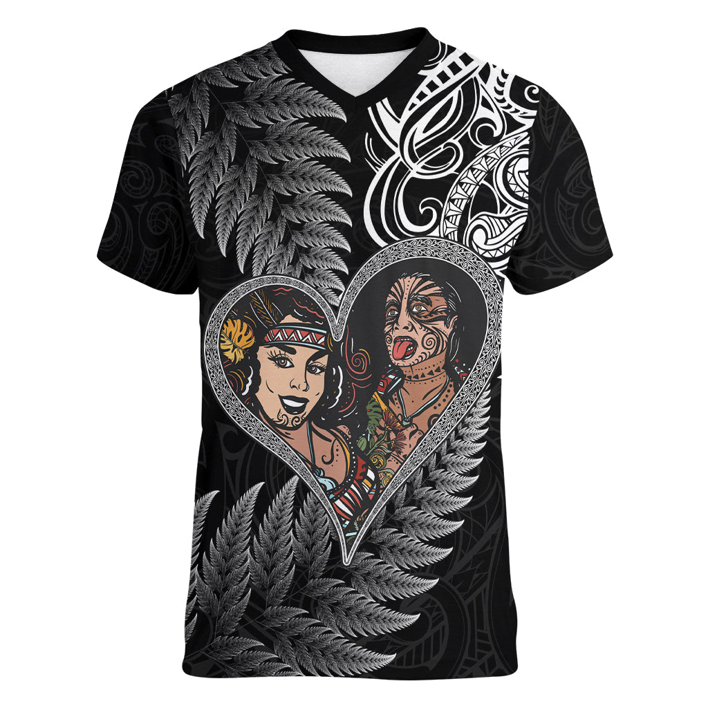 New Zealand Valentine Day Women V Neck T Shirt Aotearoa Warrior and Woman Love Heart Silver Fern Koru LT03 Female Black - Polynesian Pride