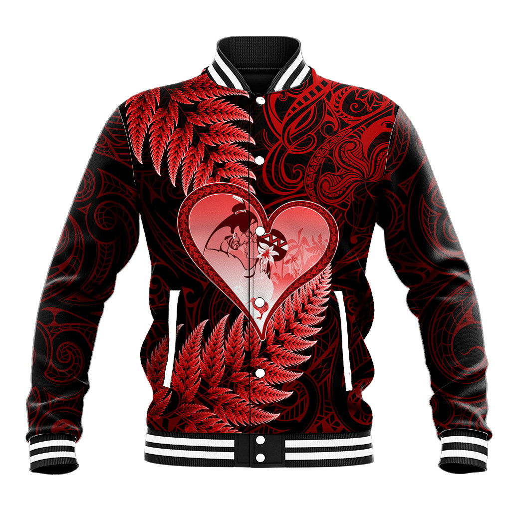 New Zealand Valentine Day Baseball Jacket Aotearoa Warrior and Woman Love Story Silver Fern Koru Red Style LT03 Unisex Red - Polynesian Pride