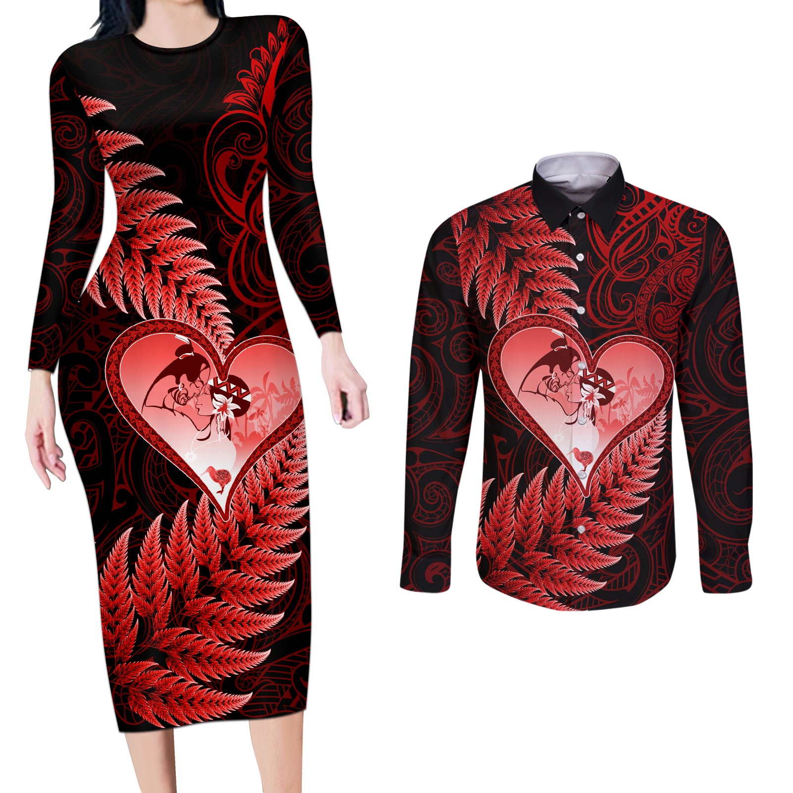 New Zealand Valentine Day Couples Matching Long Sleeve Bodycon Dress and Long Sleeve Button Shirt Aotearoa Warrior and Woman Love Story Silver Fern Koru Red Style LT03 Red - Polynesian Pride