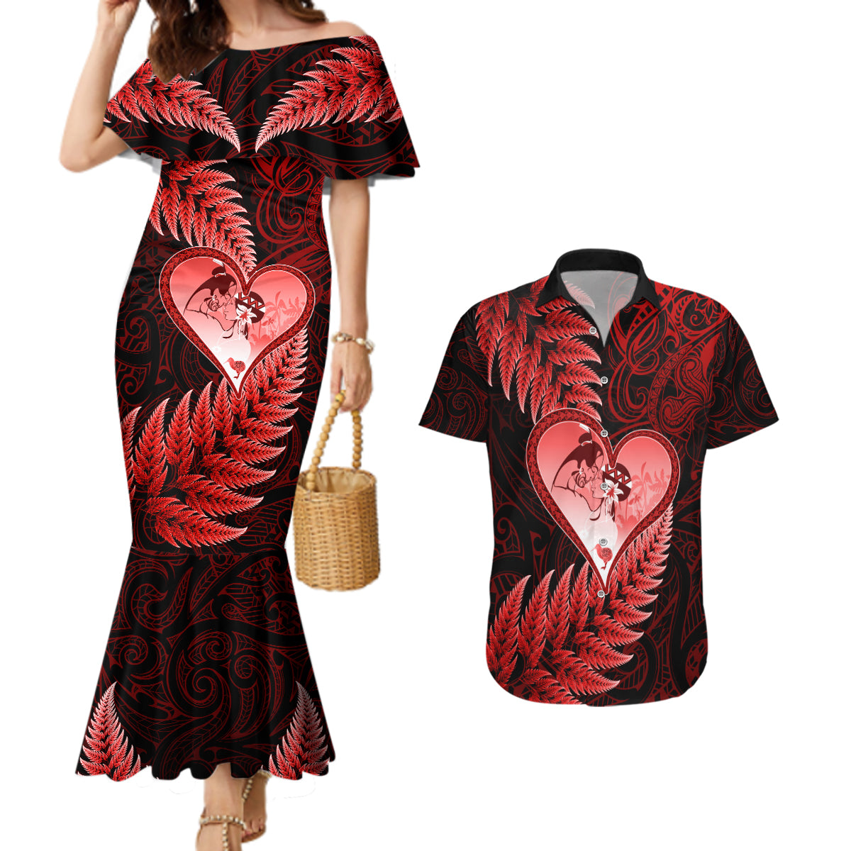 New Zealand Valentine Day Couples Matching Mermaid Dress and Hawaiian Shirt Aotearoa Warrior and Woman Love Story Silver Fern Koru Red Style LT03 Red - Polynesian Pride