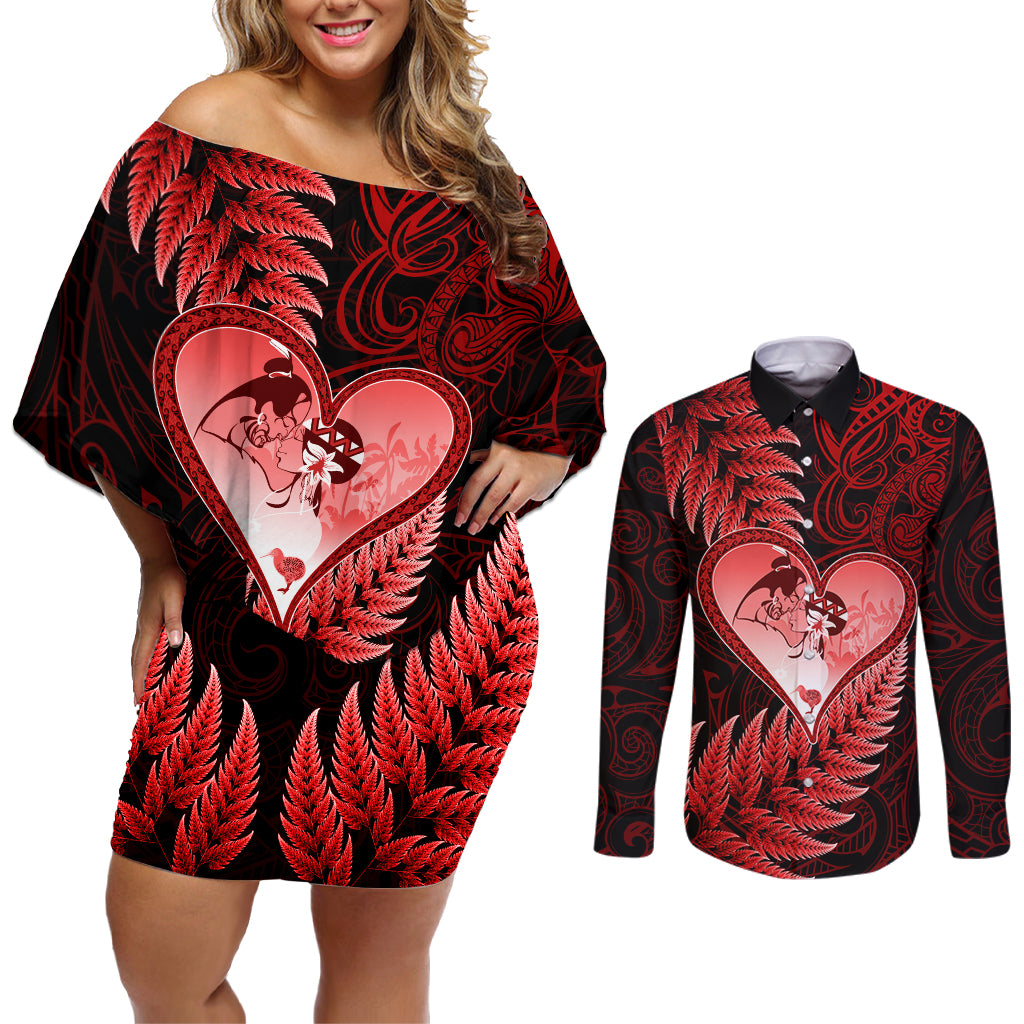 New Zealand Valentine Day Couples Matching Off Shoulder Short Dress and Long Sleeve Button Shirt Aotearoa Warrior and Woman Love Story Silver Fern Koru Red Style LT03 Red - Polynesian Pride