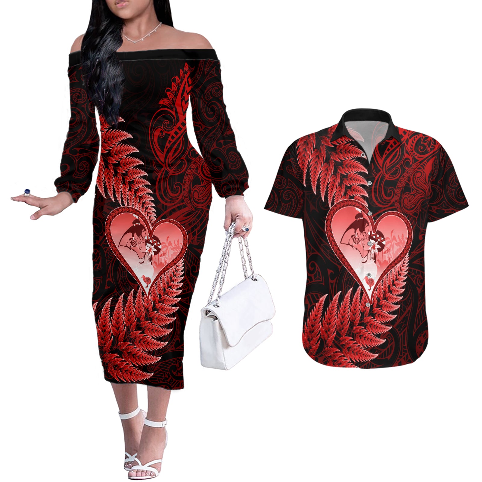 New Zealand Valentine Day Couples Matching Off The Shoulder Long Sleeve Dress and Hawaiian Shirt Aotearoa Warrior and Woman Love Story Silver Fern Koru Red Style LT03 Red - Polynesian Pride