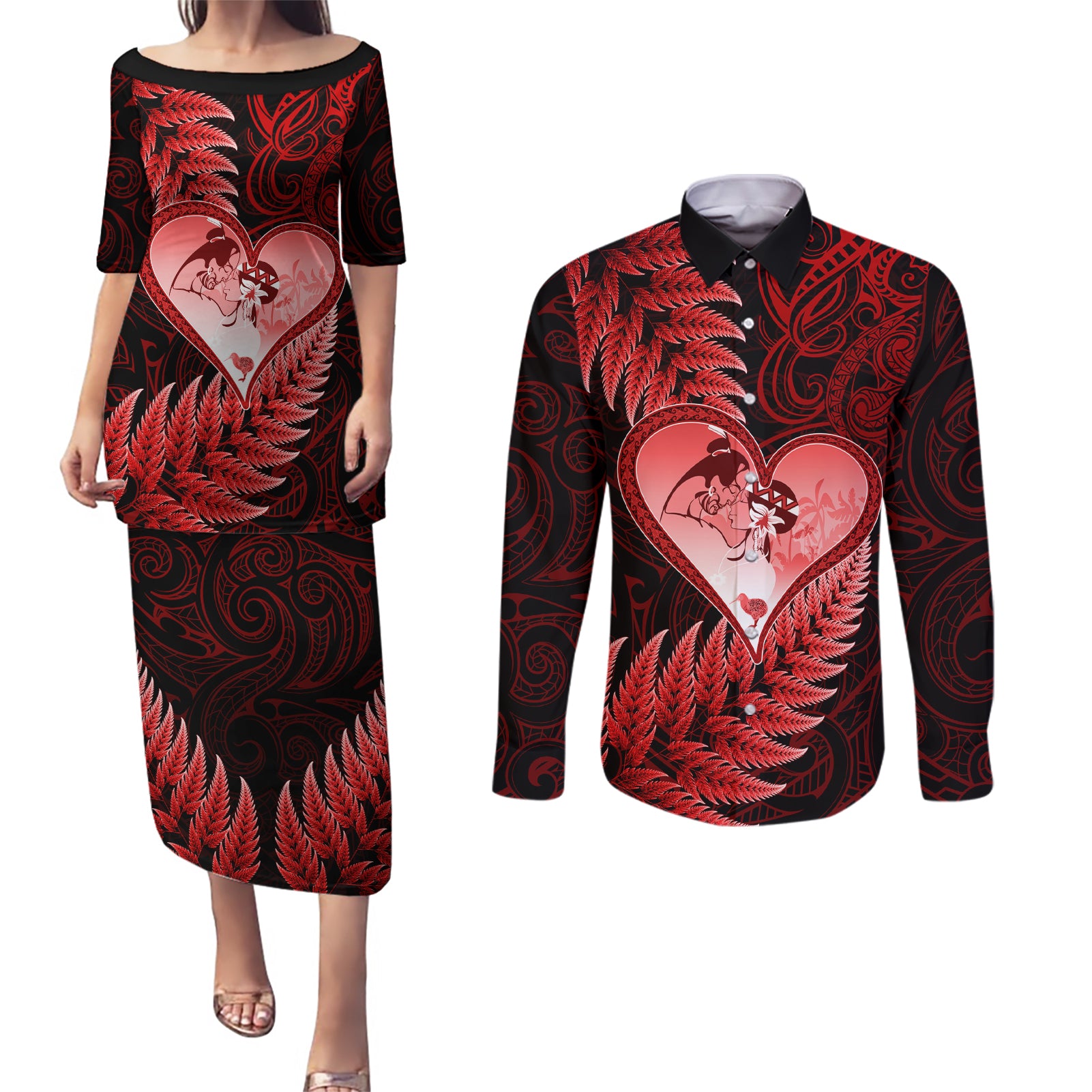 New Zealand Valentine Day Couples Matching Puletasi and Long Sleeve Button Shirt Aotearoa Warrior and Woman Love Story Silver Fern Koru Red Style LT03 Red - Polynesian Pride