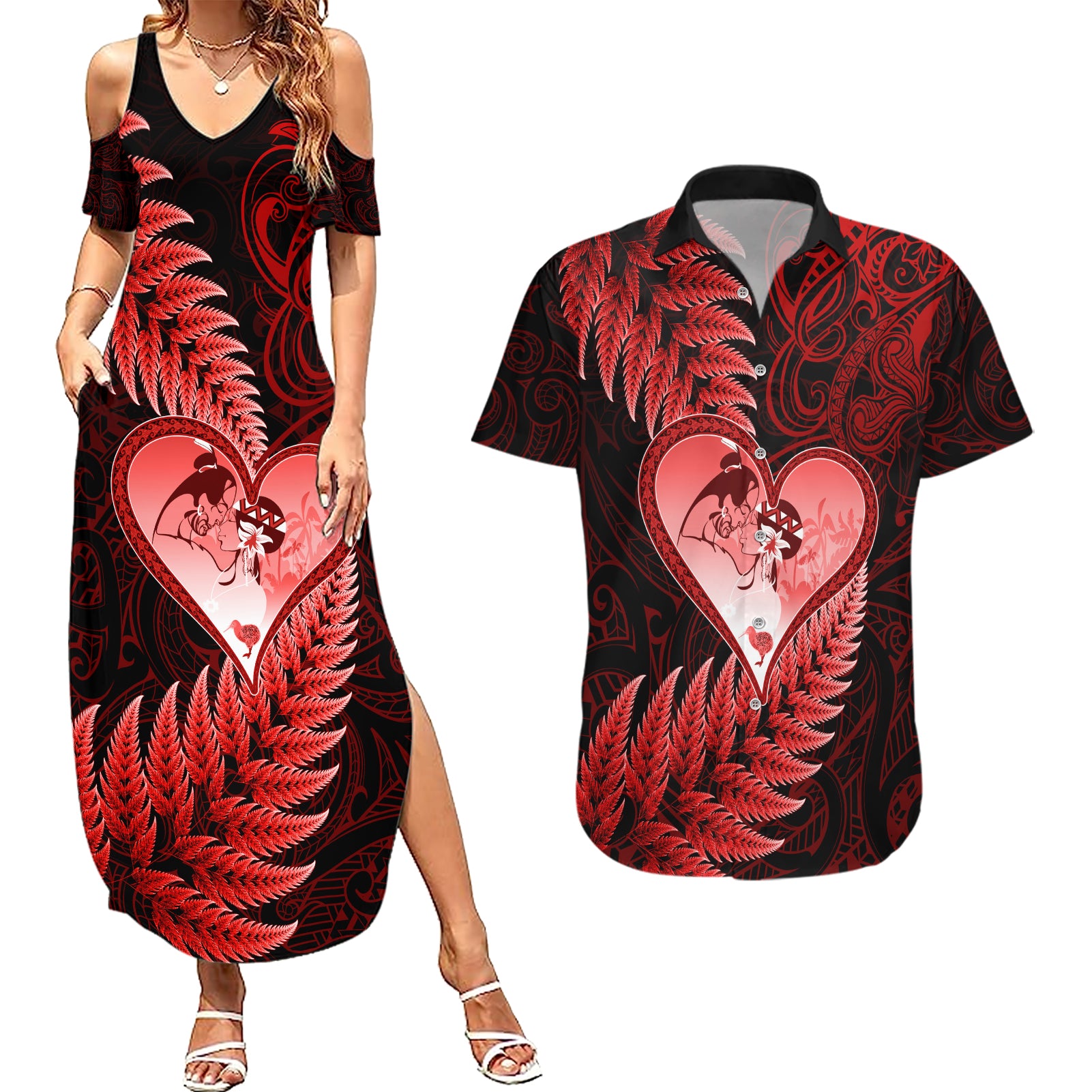 New Zealand Valentine Day Couples Matching Summer Maxi Dress and Hawaiian Shirt Aotearoa Warrior and Woman Love Story Silver Fern Koru Red Style LT03 Red - Polynesian Pride