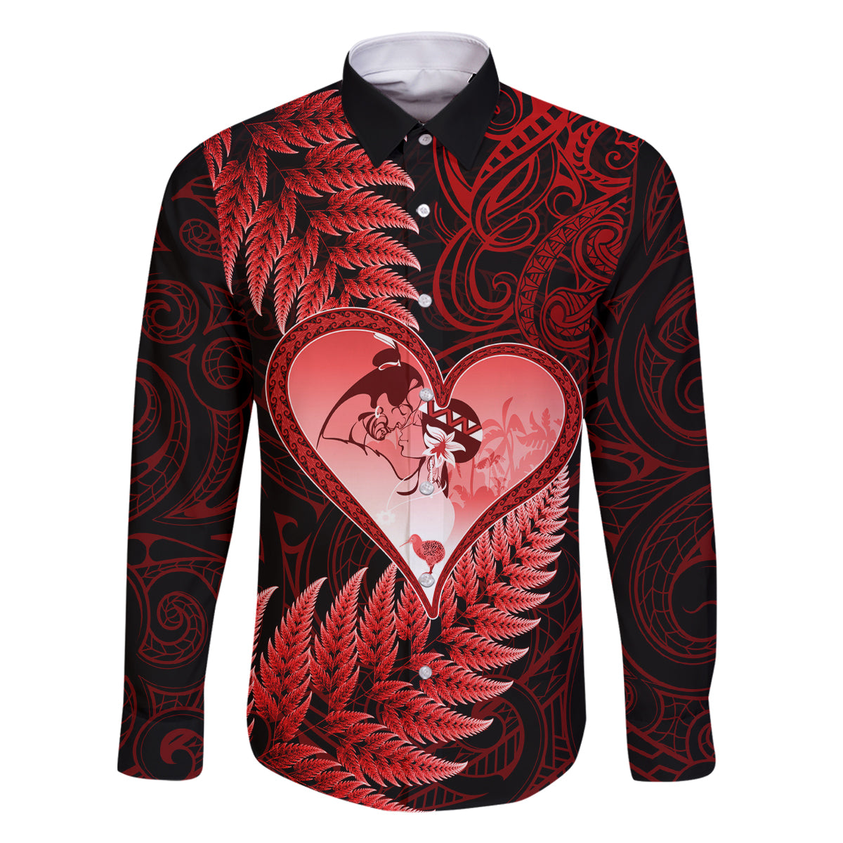 New Zealand Valentine Day Family Matching Off Shoulder Long Sleeve Dress and Hawaiian Shirt Aotearoa Warrior and Woman Love Story Silver Fern Koru Red Style LT03 Dad's Shirt - Long Sleeve Red - Polynesian Pride