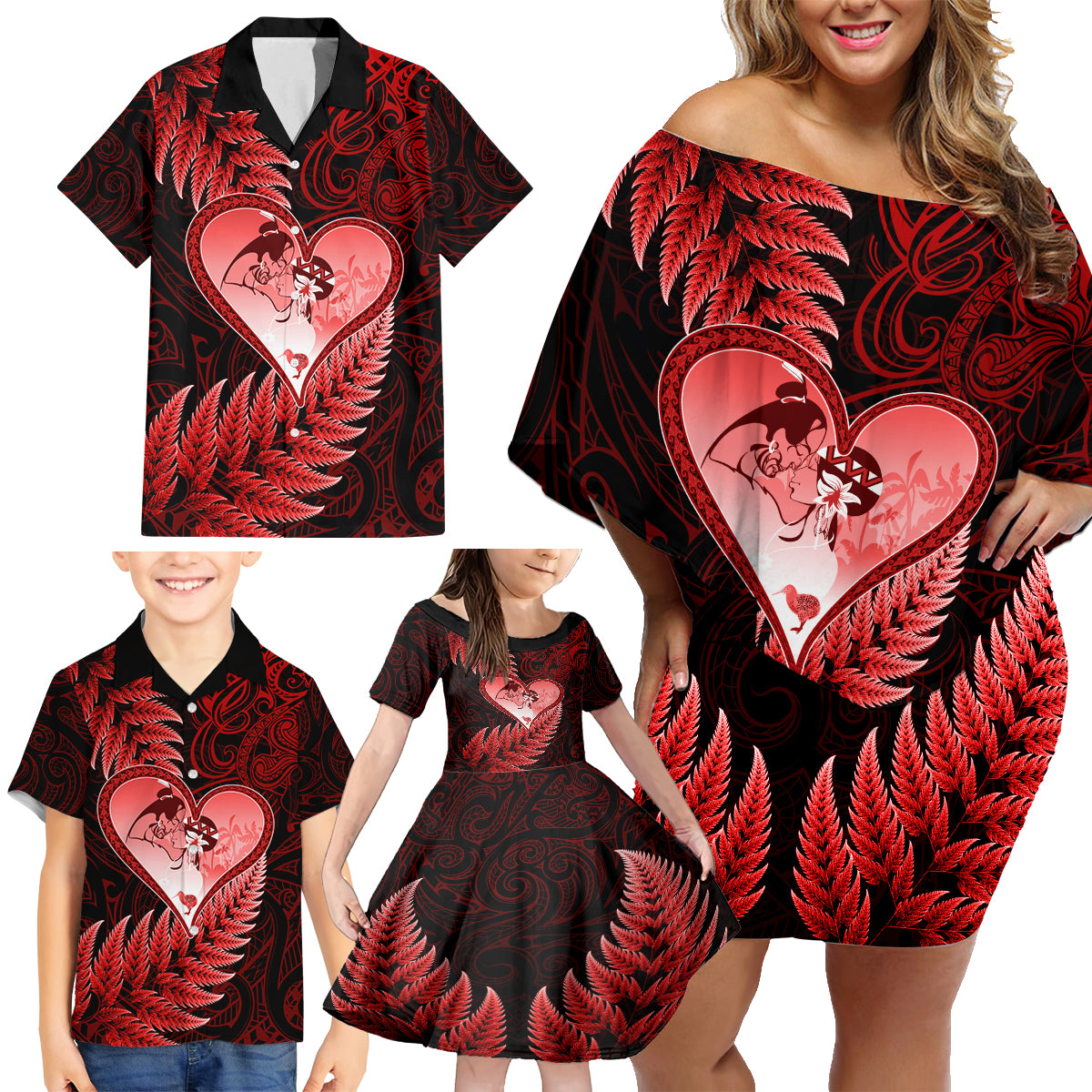 New Zealand Valentine Day Family Matching Off Shoulder Short Dress and Hawaiian Shirt Aotearoa Warrior and Woman Love Story Silver Fern Koru Red Style LT03 - Polynesian Pride