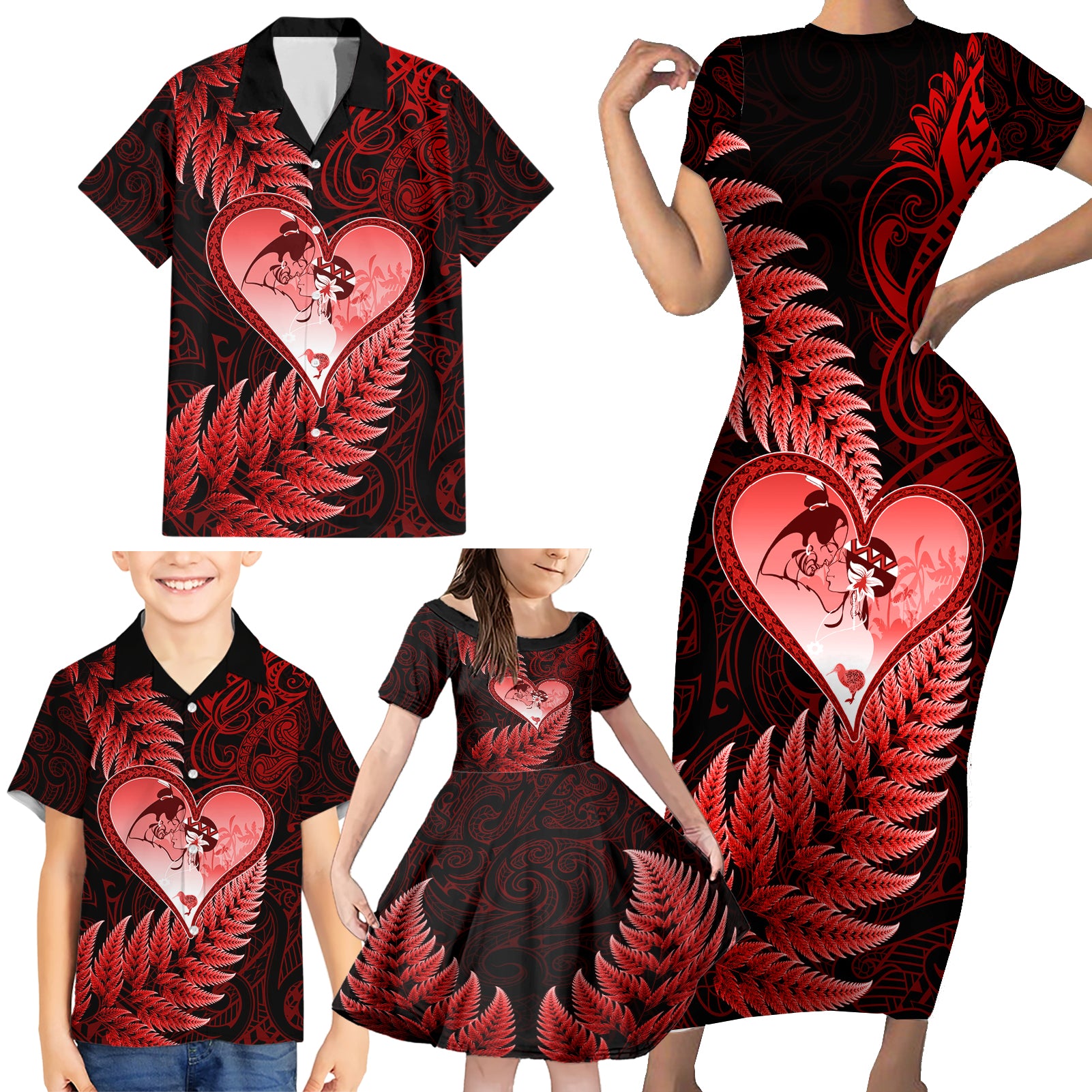 New Zealand Valentine Day Family Matching Short Sleeve Bodycon Dress and Hawaiian Shirt Aotearoa Warrior and Woman Love Story Silver Fern Koru Red Style LT03 - Polynesian Pride