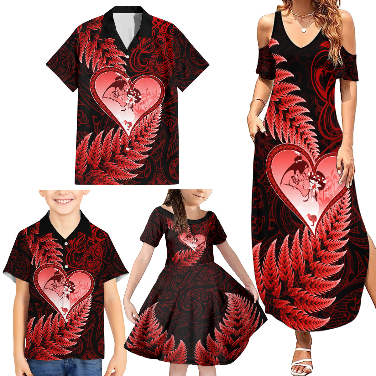 New Zealand Valentine Day Family Matching Summer Maxi Dress and Hawaiian Shirt Aotearoa Warrior and Woman Love Story Silver Fern Koru Red Style LT03 - Polynesian Pride