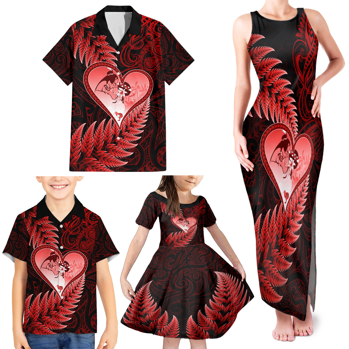 New Zealand Valentine Day Family Matching Tank Maxi Dress and Hawaiian Shirt Aotearoa Warrior and Woman Love Story Silver Fern Koru Red Style LT03 - Polynesian Pride