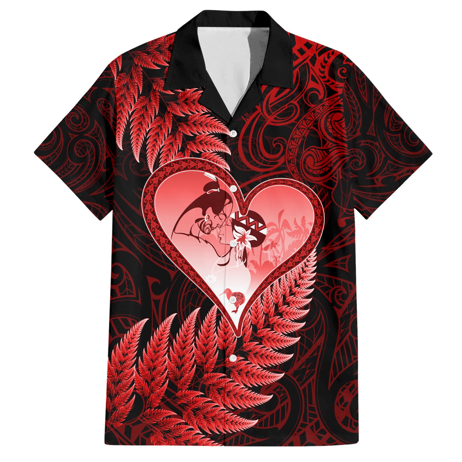 New Zealand Valentine Day Hawaiian Shirt Aotearoa Warrior and Woman Love Story Silver Fern Koru Red Style LT03 Red - Polynesian Pride