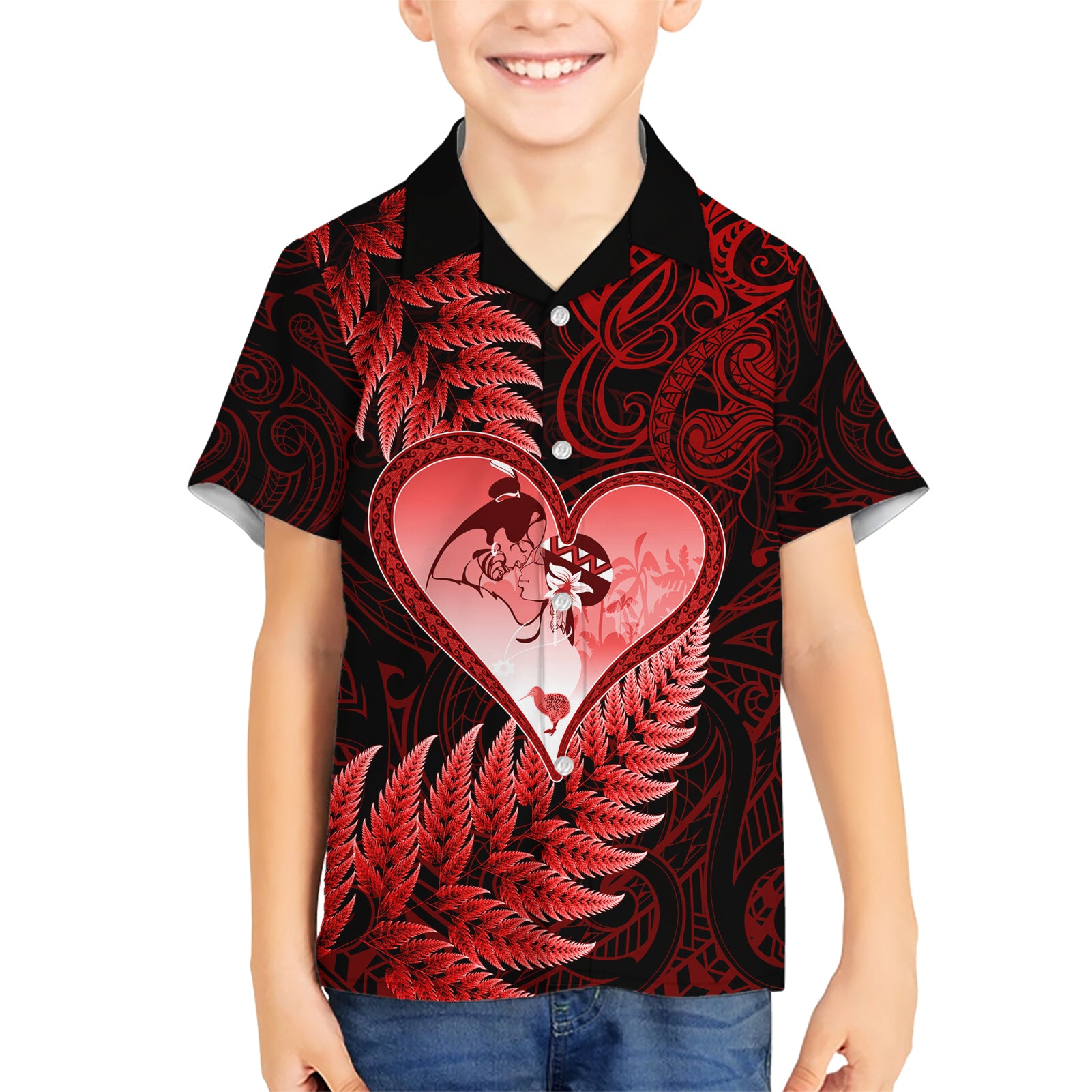 New Zealand Valentine Day Kid Hawaiian Shirt Aotearoa Warrior and Woman Love Story Silver Fern Koru Red Style LT03 Kid Red - Polynesian Pride