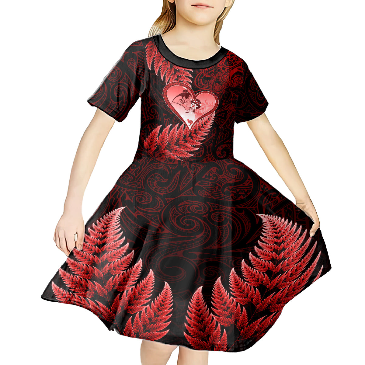 New Zealand Valentine Day Kid Short Sleeve Dress Aotearoa Warrior and Woman Love Story Silver Fern Koru Red Style LT03 - Polynesian Pride