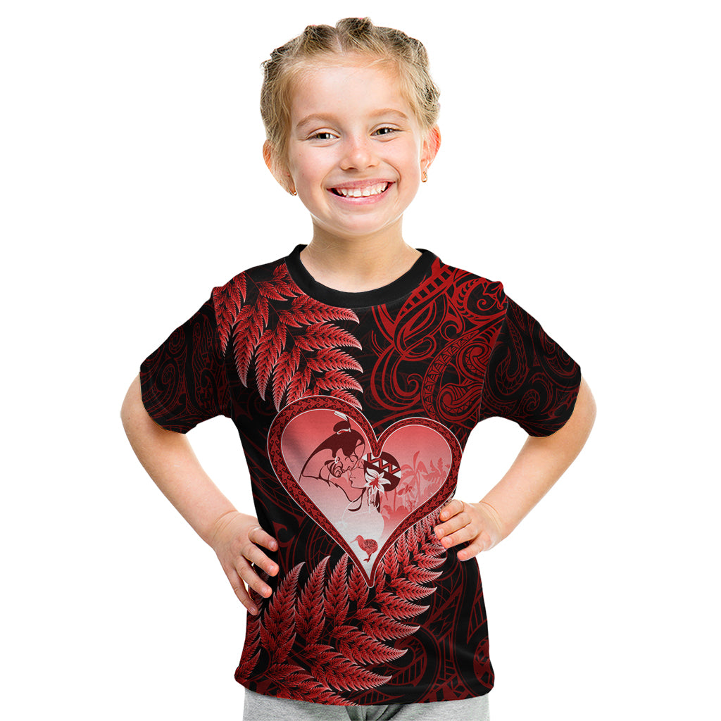 New Zealand Valentine Day Kid T Shirt Aotearoa Warrior and Woman Love Story Silver Fern Koru Red Style LT03 Red - Polynesian Pride