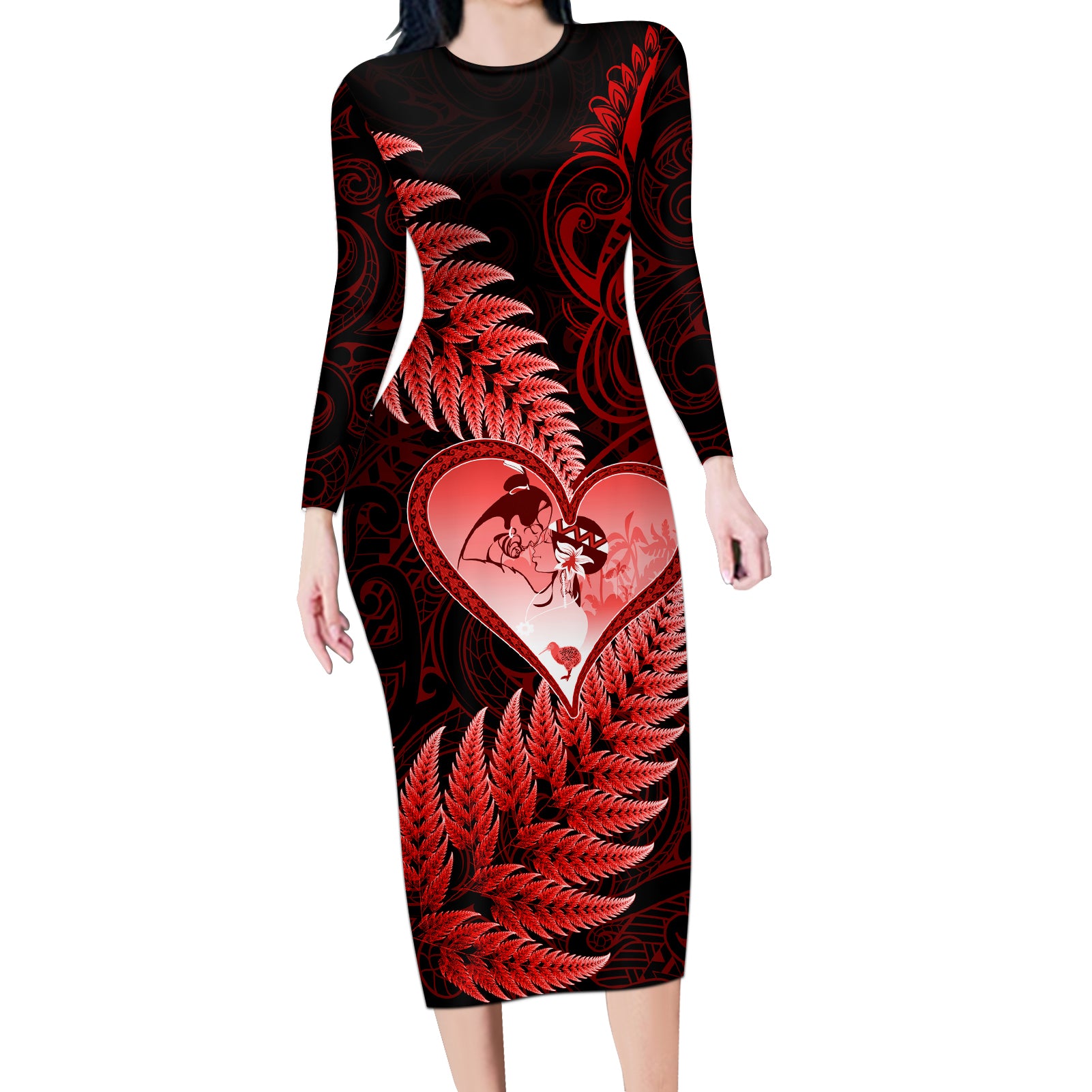 New Zealand Valentine Day Long Sleeve Bodycon Dress Aotearoa Warrior and Woman Love Story Silver Fern Koru Red Style LT03 Long Dress Red - Polynesian Pride