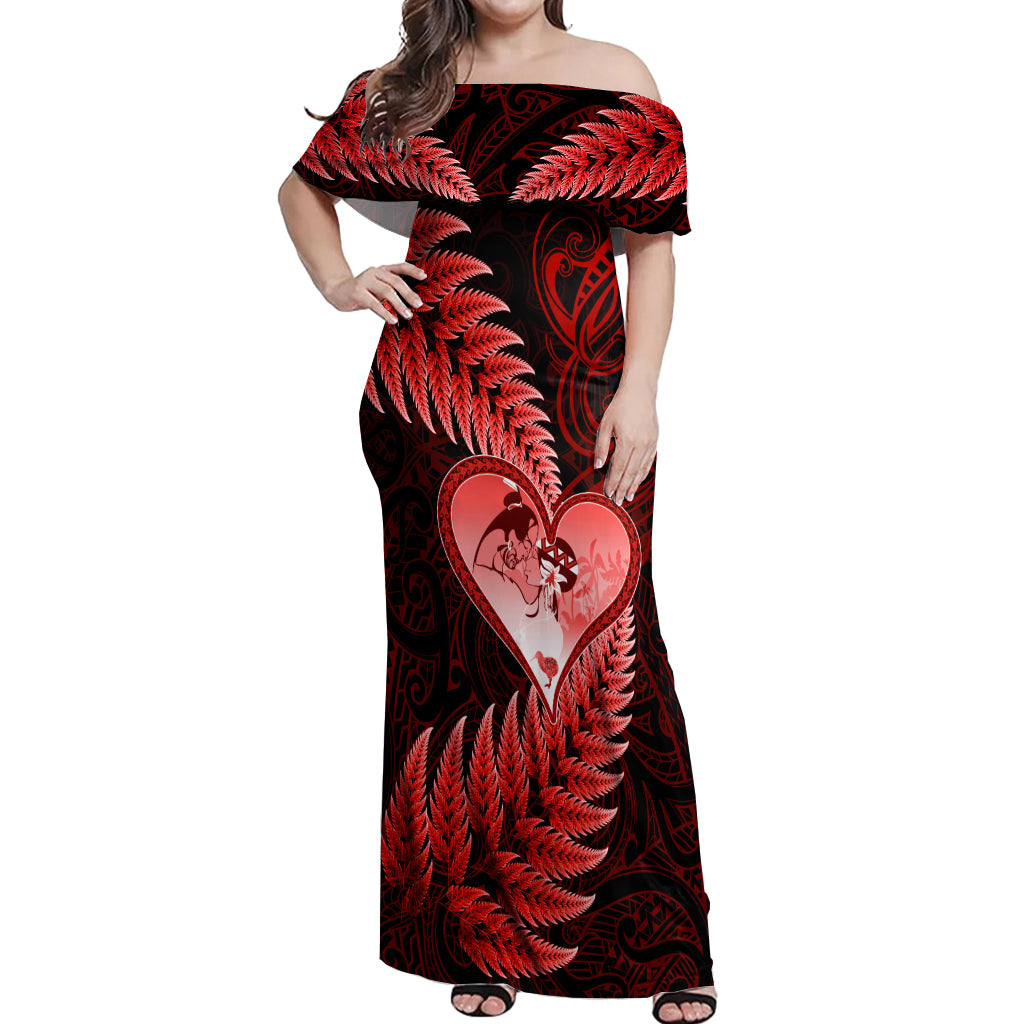 New Zealand Valentine Day Off Shoulder Maxi Dress Aotearoa Warrior and Woman Love Story Silver Fern Koru Red Style LT03 Women Red - Polynesian Pride