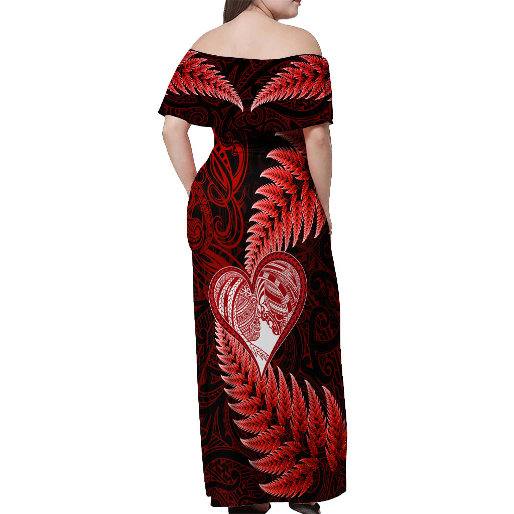 New Zealand Valentine Day Off Shoulder Maxi Dress Aotearoa Warrior and Woman Love Story Silver Fern Koru Red Style LT03 - Polynesian Pride