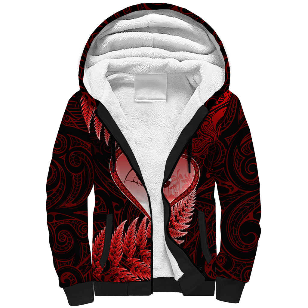 New Zealand Valentine Day Sherpa Hoodie Aotearoa Warrior and Woman Love Story Silver Fern Koru Red Style LT03 Unisex Red - Polynesian Pride