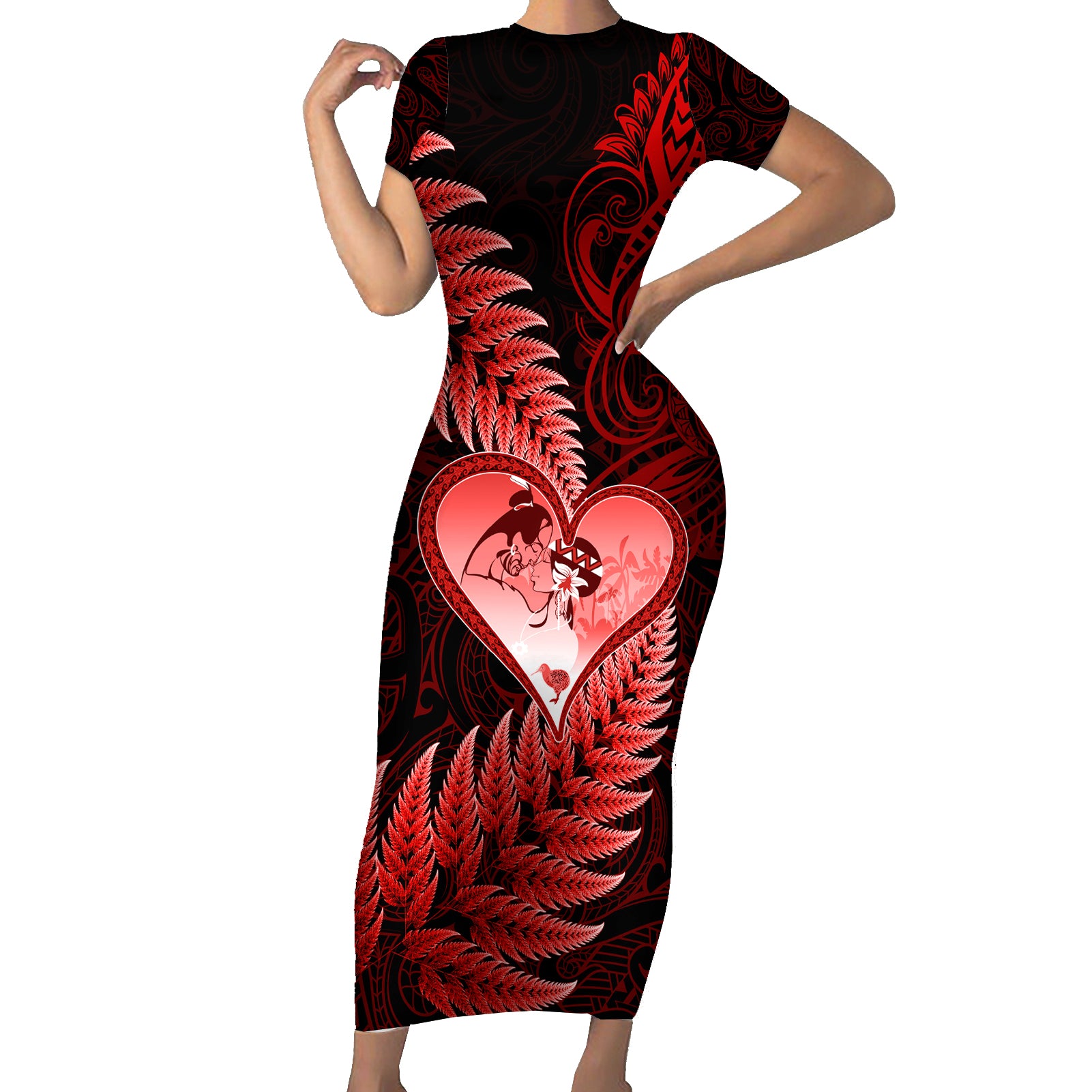 New Zealand Valentine Day Short Sleeve Bodycon Dress Aotearoa Warrior and Woman Love Story Silver Fern Koru Red Style LT03 Long Dress Red - Polynesian Pride