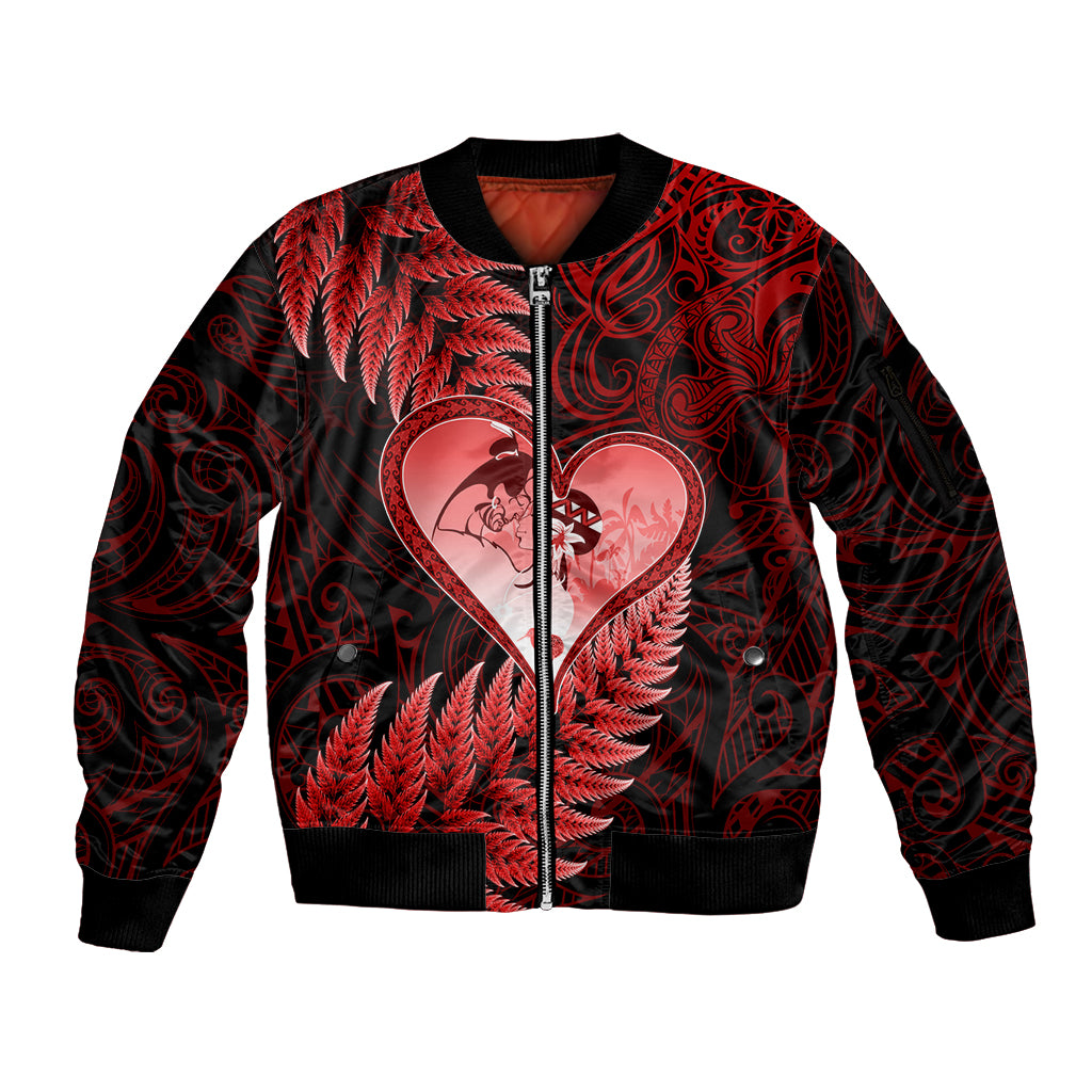 New Zealand Valentine Day Sleeve Zip Bomber Jacket Aotearoa Warrior and Woman Love Story Silver Fern Koru Red Style LT03 Unisex Red - Polynesian Pride