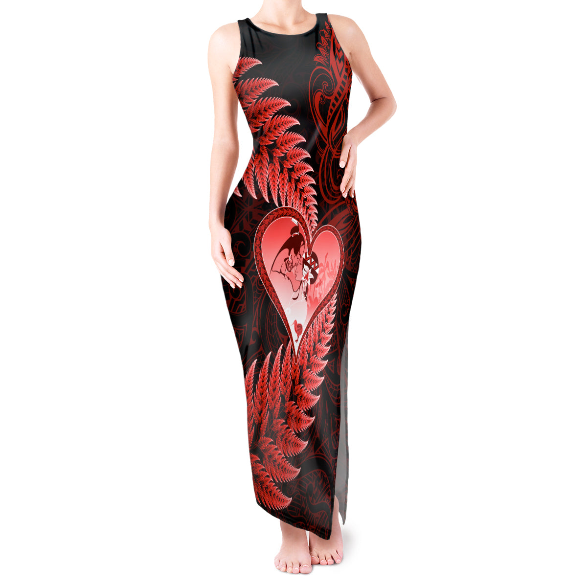 New Zealand Valentine Day Tank Maxi Dress Aotearoa Warrior and Woman Love Story Silver Fern Koru Red Style LT03 Women Red - Polynesian Pride