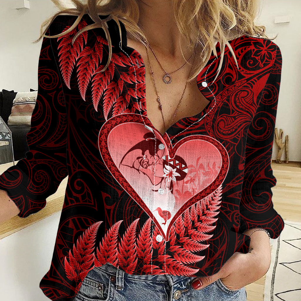 New Zealand Valentine Day Women Casual Shirt Aotearoa Warrior and Woman Love Story Silver Fern Koru Red Style LT03 Female Red - Polynesian Pride