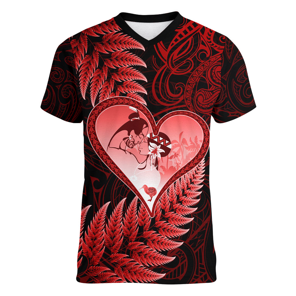 New Zealand Valentine Day Women V Neck T Shirt Aotearoa Warrior and Woman Love Story Silver Fern Koru Red Style LT03 Female Red - Polynesian Pride