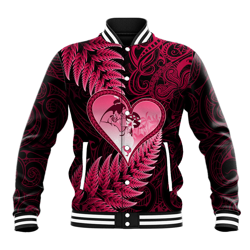 New Zealand Valentine Day Baseball Jacket Aotearoa Warrior Love Story Silver Fern Koru Pink Style LT03 Unisex Pink - Polynesian Pride